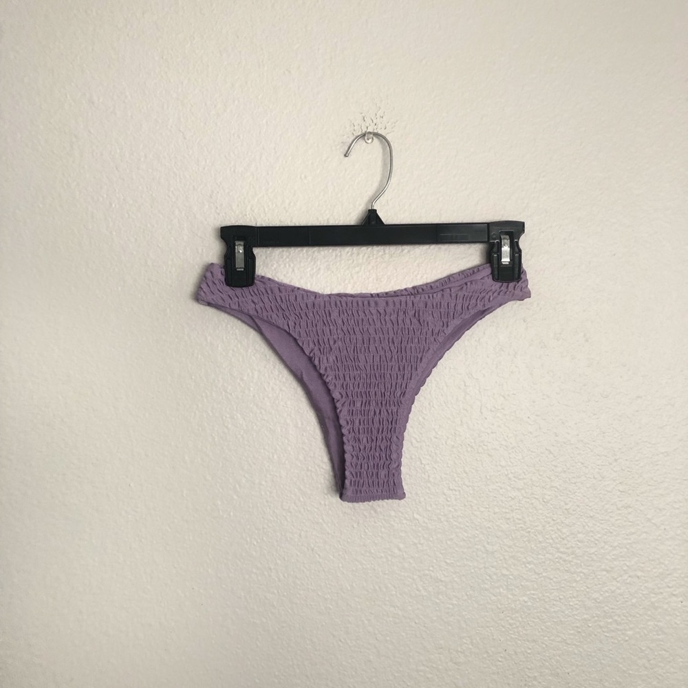 Purple smocked cheeky bikini bottoms